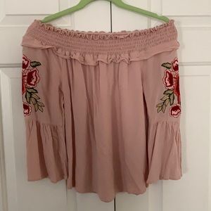 Boho off the shoulder top w/ embroidered sleeve.